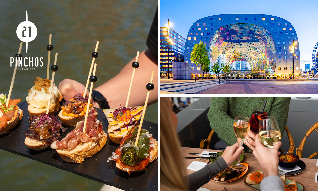 Pinchosplank + glas wijn, bier of frisdrank bij 21 Pinchos in de Markthal