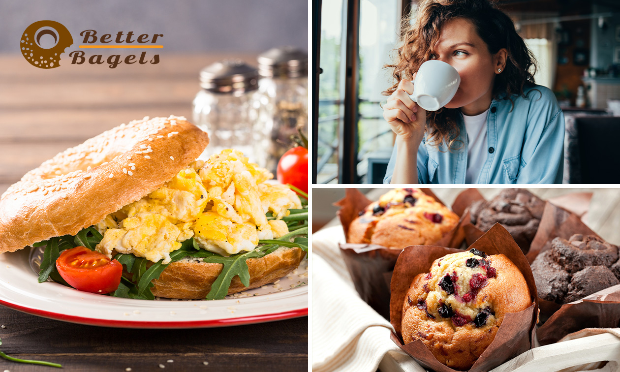 Bagel + warme drank + muffin naar keuze voor 2 personen om af te halen