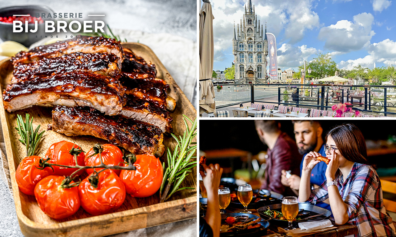 Spareribs (600 gr.) van de Big Green Egg of 3-gangen keuzediner bij Brasserie bij Broer Gouda