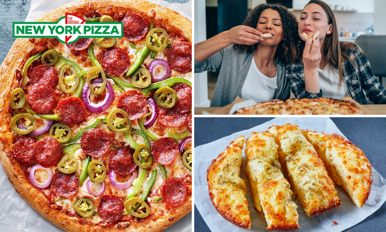 Pizza (25 cm) naar keuze + garlic bread voor afhaal bij New York Pizza