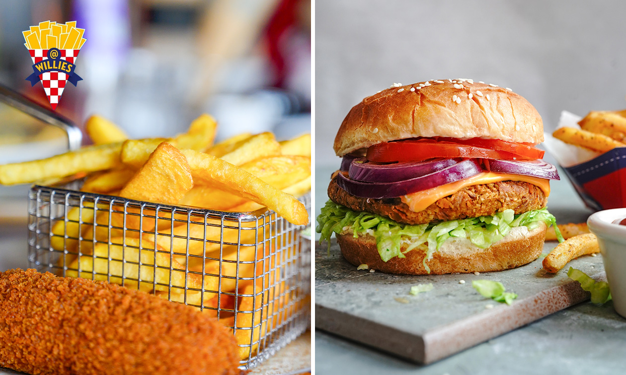 Friet + saus + frisdrank + snack of luxe burger naar keuze of snackpakket voor 4 personen